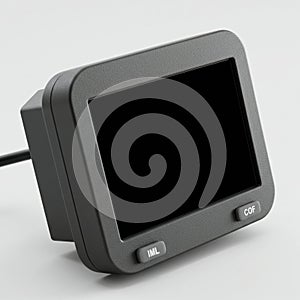 A small, black electronic device with a rectangular screen and a textured surface. The