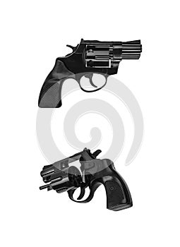 Small black gun revolver isolate on white background. Pocket pistol for self-defense. Ladies` revolver. Spy Weapon