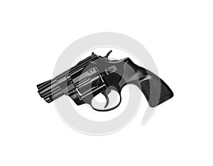 Small black gun revolver isolate on white background. Pocket pistol for self-defense. Ladies` revolver. Spy Weapon