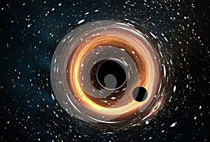 Small black hole orbiting around the supermassive black hole. Gravitational lensing effect photo