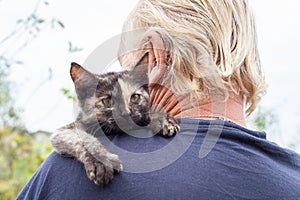 A small black kitten on a man's shoulder. Favorite pets