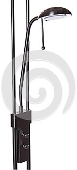 Small black metallic reading light of an uplighter torchiere floor lamp with shade and  isolated on white background