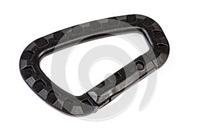 Small black plastic snap hook on a white background