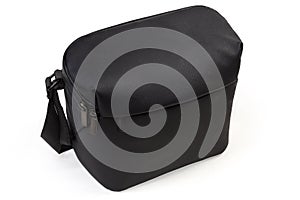 Small black polyester shoulder bag on a white background