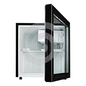 Small black refrigerator with a glass door, the door is open, on a white background, frontal position