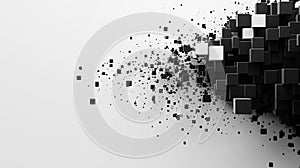 Small Black And White Cubes Dispersing In Motion Abstract Art On White Background