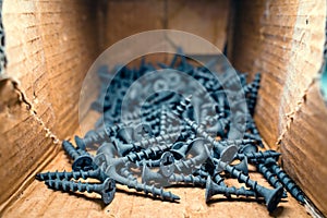 Small black wood screws close-up in a cardboard box