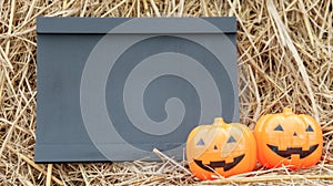 Small blackboard and artificial pumpkins on rice straws with copyspace