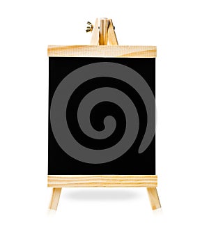 A small blackboard with a wooden frame on a stand isolated on white background. Saved clipping path
