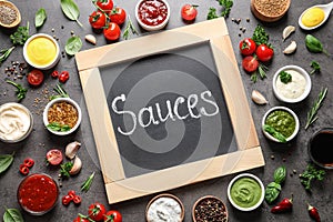 Small blackboard with word Sauces and different dressings on gray background