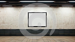 Small blank billboard in subway station, poster mockup on white tiled wall. Empty space for advertising in urban underground.