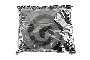 small blank single-use crumpled aluminum foiled plastic bag isolated on white background