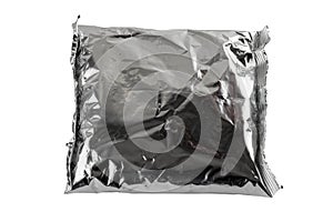 small blank single-use crumpled aluminum foiled plastic bag isolated on white background