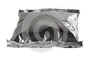 small blank single-use crumpled aluminum foiled plastic bag isolated on white background