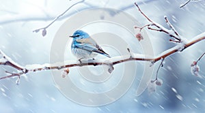 a small blue bird standing on the branch in a snowy snowy scene,