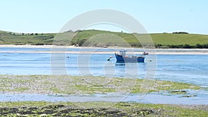 A small blue boat on a shoal at low tide on a sunny day