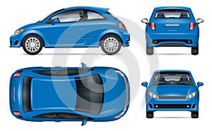 Small blue car vector mockup side, front, back, top view