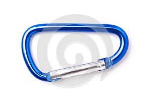 Small blue carabiner on white.