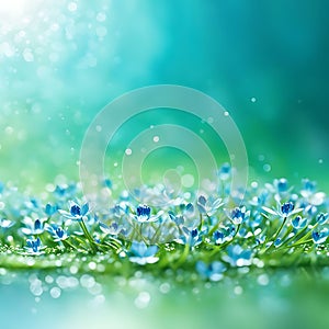 Small blue flowers on a green nature background with sun rays eco post, banner