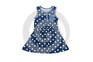 Small blue polka dot dress for girls, isolated on white