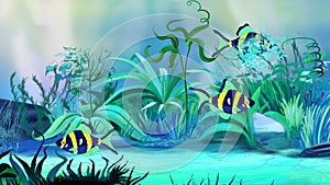 Small Blue-yellow aquarium fishes in a tank