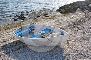 Small boat anchored on a beach
