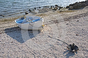 Small boat anchored on a beach photo