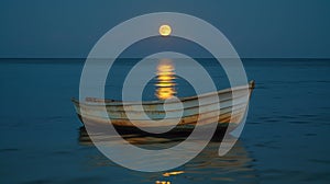 A small boat bobs gently in the ocean its wooden hull rocking gently with the movement of the waves. The moons photo