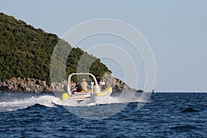 Small boat on choppy water