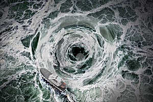 Small boat escape from the horrible whirlpool, top view. photo