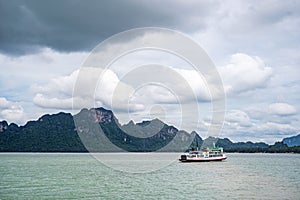 A small boat in a large body of water