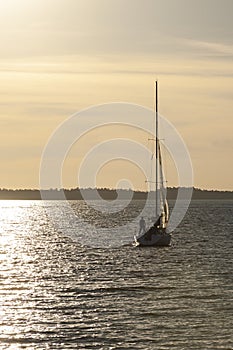 Small boat navigating at a calm river in the late afternoon