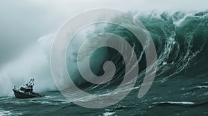 Small Boat Navigating a Towering Wave in a Stormy Sea