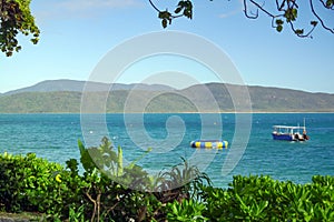 small boat on sea water, vegetation in the foreground and mountains in the background