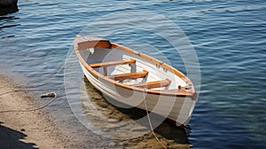 small boat with seating for two is parked on the water\'s edge.AI Generated