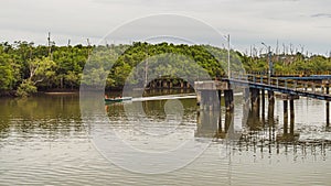 a small boat with some passengers going down the Wain river