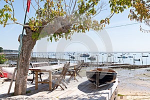 Small boat vintage and terrace at seaside in village of Cap Ferret in Bassin Arcachon France