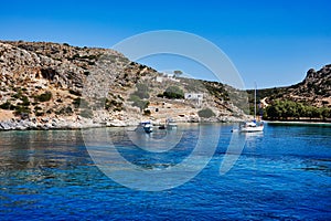 Small Boats in Sea Cove, Schinoussa Greek Island, Greece