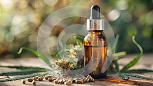 small bottle of cbd oil tincture with dried hemp leaves, representing alternative health supplement concept for wellness