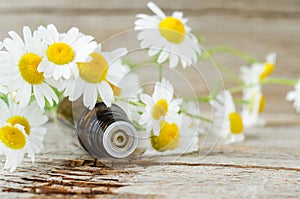 Small bottle with essential chamomile oil on the old wooden background. Aromatherapy, homemade beauty treatment