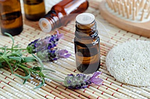 Small bottle with essential lavender oil. lavandula flowers close up. Aromatherapy, spa and herbal medicine ingredients.