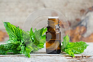 Small bottle with essential mint oil on the old wooden background. Fresh spearmint leaves close up. Aromatherapy and spa.