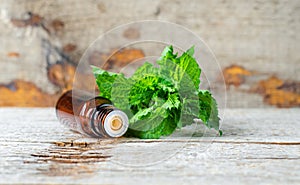 Small bottle with essential mint oil on the old wooden background. Fresh spearmint leaves close up. Aromatherapy, spa