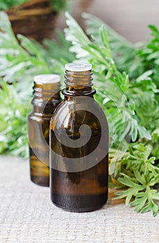 Small bottle with essential wormwood oil (extract, tincture, infusion). Old wooden background. Aromatherapy