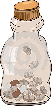 Small bottle with a medicine and tablets.Cartoon