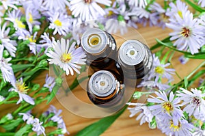 Small bottles of essential aroma oil (herbal extract, tincture, infusion). Close up, top view, copy space.