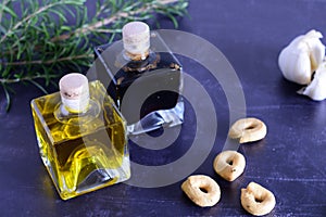 Small bottles of Italian olive oil and balsamic vinegar