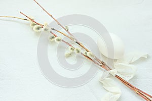 Small Bouquet of Willow branches Tied with Cotton Ribbon One Egg on White Linen Cloth Background. Easter Minimalist Style
