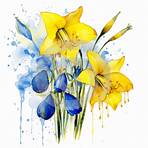 a small bouquet of yellow daylilies and blue bells with leaves, made in watercolor technique