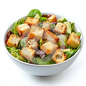 A small bowl of crunchy croutons, isolated on a white background,